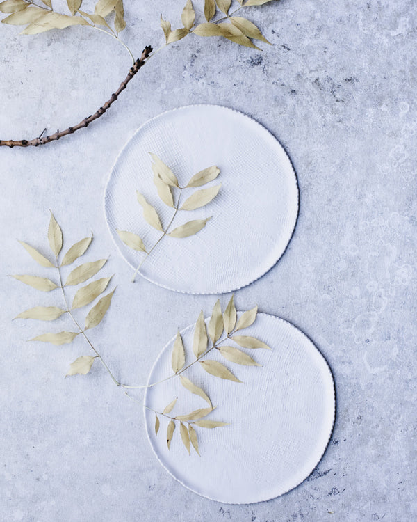 Large Satin White textured rim cake platter plates (28cm) - Clay Beehive