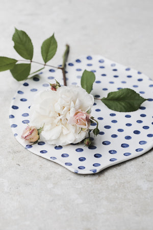 blue polka dot platter with easy grip handles by clay beehive ceramics