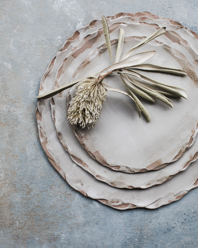 Earthy organic rimmed plates 20cm/25cm/30cm with satin white glaze