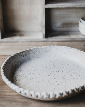 ceramic pie dish suitable to bake in created with gritty clay body by clay beehive ceramic