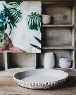 ceramic pie dish suitable to bake in created with gritty clay body by clay beehive ceramic
