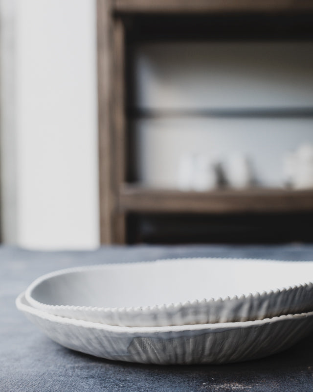 Satin white ceramic bowls wide perfect for pasta and salads by clay beehive
