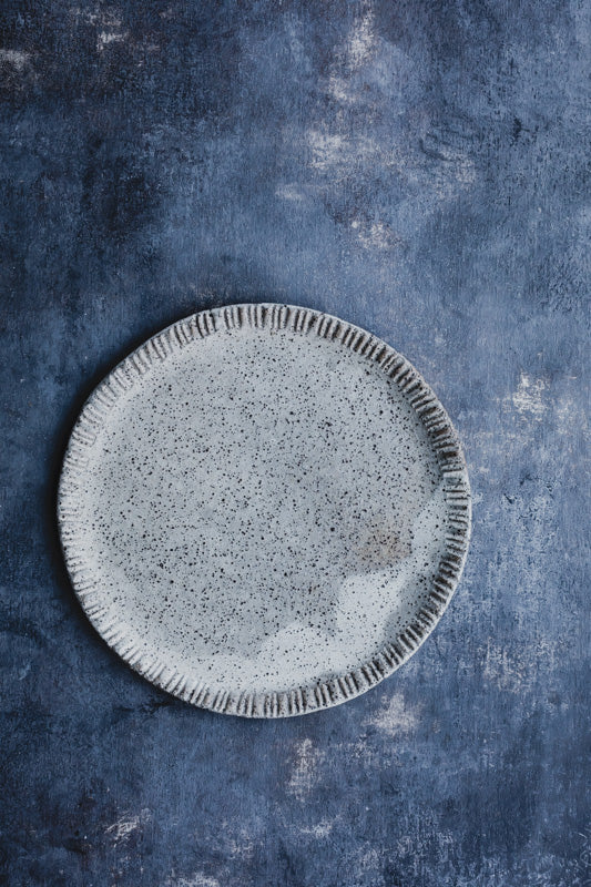 speckle rustic serving plate with carved edges by clay beehive ceramics