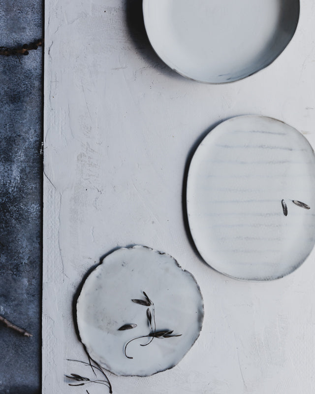 Vintage style ceramic platter plate hand crafted in matte white glaze by clay beehive pottery