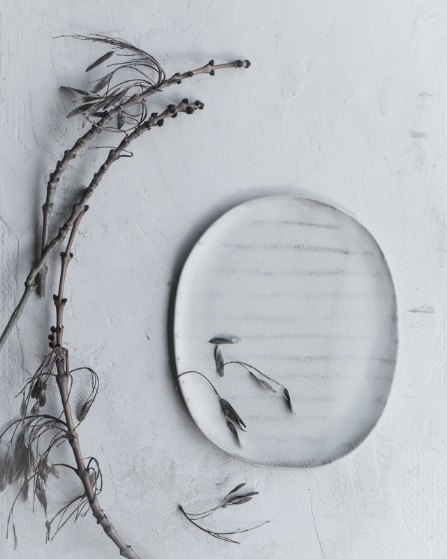 Vintage style ceramic platter plate hand crafted in matte white glaze by clay beehive pottery