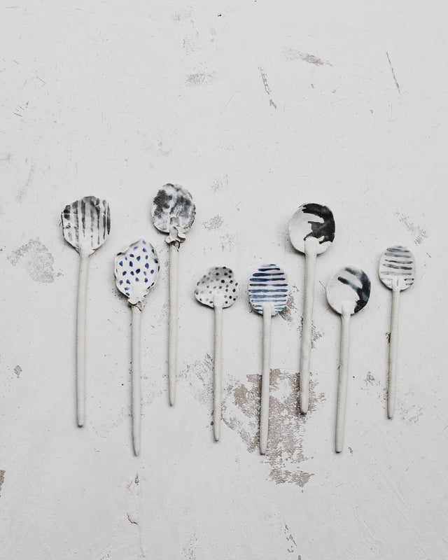ceramic spoons with spots stripes and frilly hand made by clay beehive ceramics
