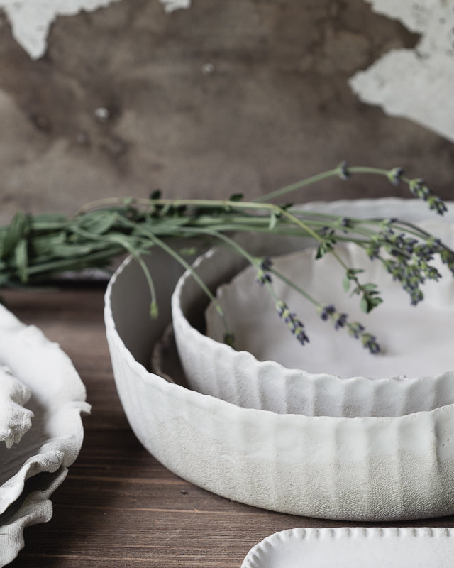 fluted textured hand made tall walled bowls in satin white by clay beehive ceramics