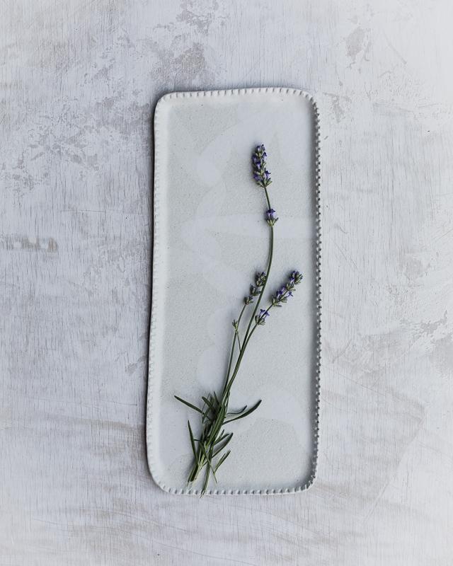 ceramic rectangle shaped platter with detailed edging hand made by clay beehive ceramics in satin white glaze