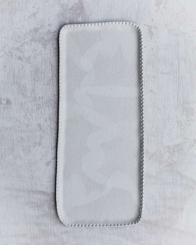 ceramic rectangle shaped platter with detailed edging hand made by clay beehive ceramics in satin white glaze