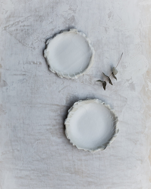 textured fabric ceramic bowls and plates hand made with frilly edges by clay beehive ceramic