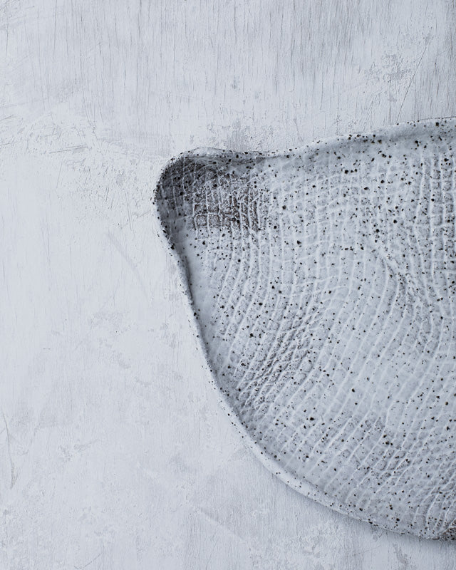 Rustic speckle cheese board platter plate handmade by clay beehive ceramics with hessian texture