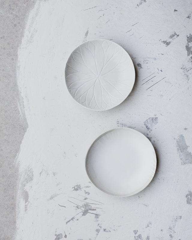 Textured satin white bowls wide and low crafted by clay beehive ceramics