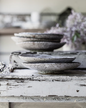 Footed Rustic speckle white shallow bowls/plates