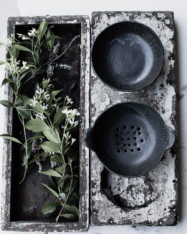 Footed satin white colander/berry bowl with side handles
