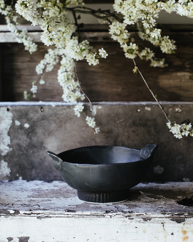 Footed satin white colander/berry bowl with side handles