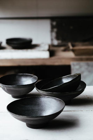 wabi sabi footed matte black bowls deeper interior noodles soups hand made by clay beehive ceramics