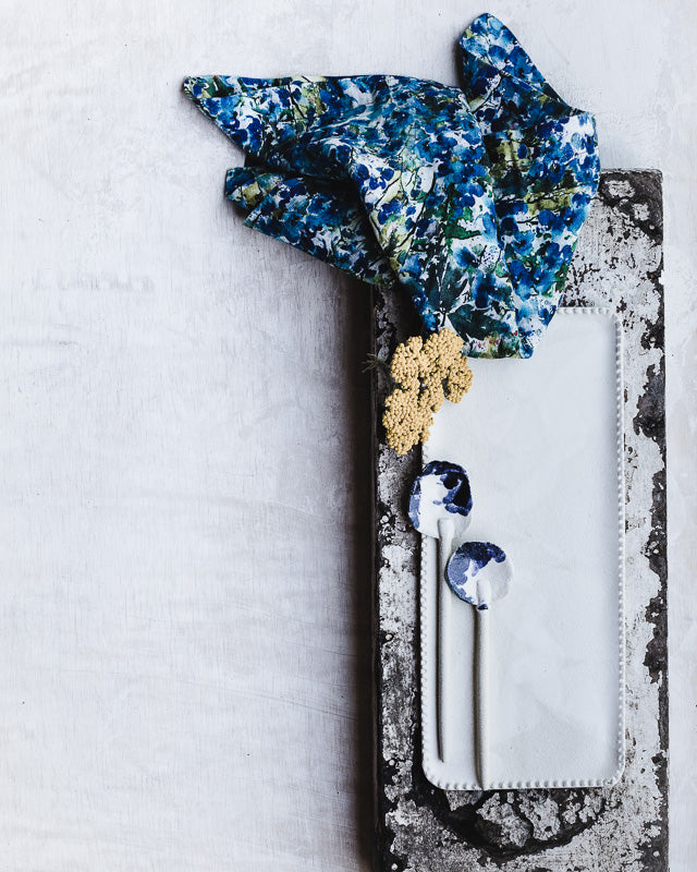 satin white glazed rectangle plate platter with textured cookie cutter rim hand made by clay beehive ceramics
