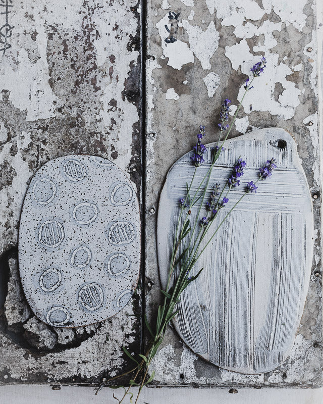 rustic platter handmade and glazed is matte grey and white by clay beehive ceramics