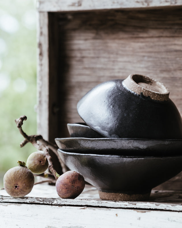 wabi sabi satin black japanese inspired footed hand made bowls by clay beehive 