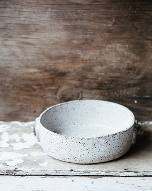 Rustic speckle white Dish with Decorative side tabs