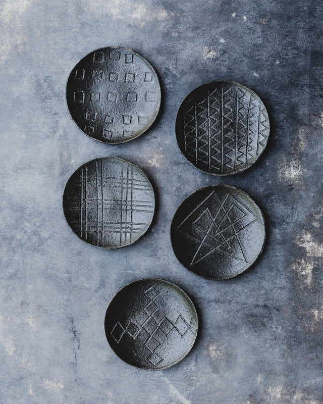 Small rustic satin black tapas hand made ceramic plates by clay beehive