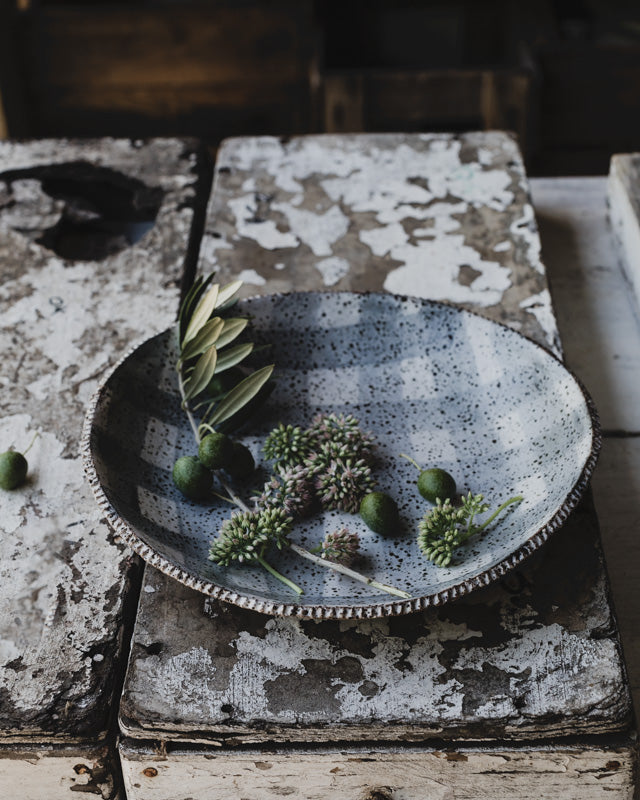 rustic hand made ceramic bowl with textured rim and tartan satin grey/white glazing by clay beehive