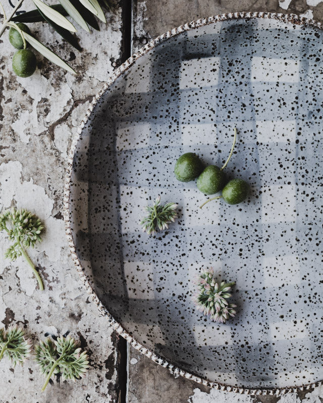 rustic hand made ceramic bowl with textured rim and tartan satin grey/white glazing by clay beehive