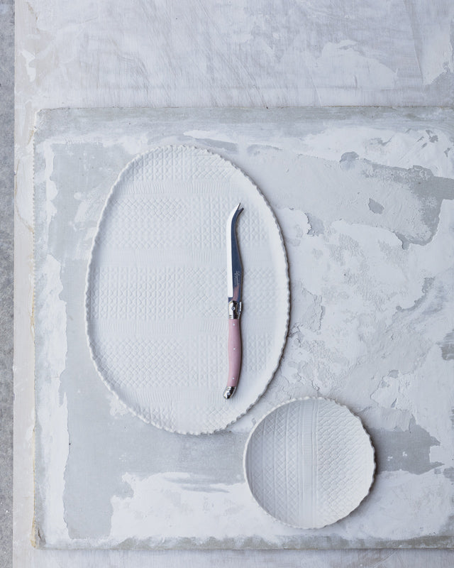 Large textured satin white serving platter / plate