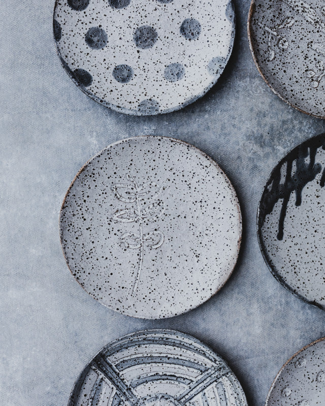 Rustic carved ceramic handmade tapas plates by clay beehive