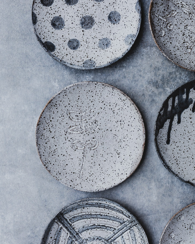 Rustic carved ceramic handmade tapas plates by clay beehive