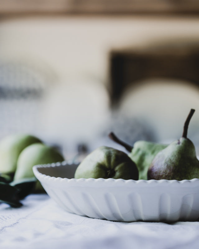 ceramic serving bowl hand made and decorated in satin white by clay beehive