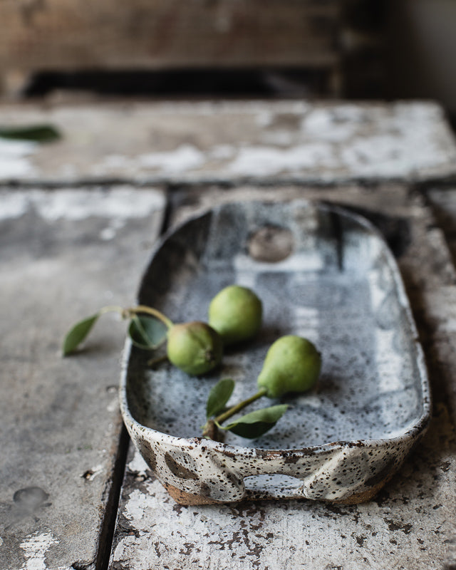 Rustic rectangular patterned platter with round curves