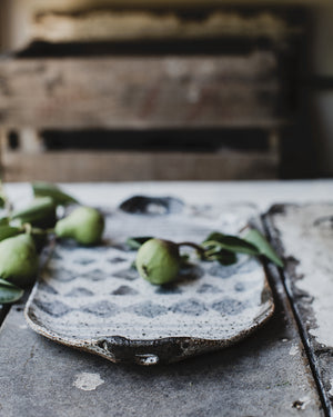 hand made ceramic rustic gritty platter  glazed in satin black and white by clay beehive 