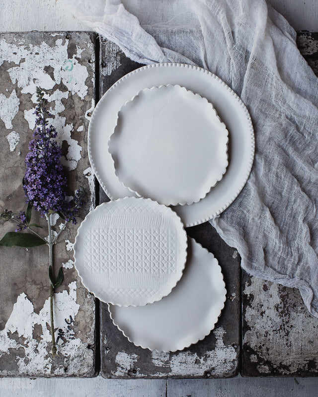 satin white plate handmade with detailed texured rim from clay beehive ceramics
