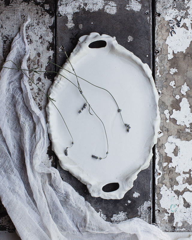 Princess muslin imprint fabric platter with handles hand made by clay beehive ceramics