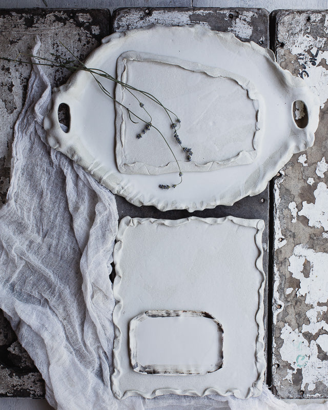 Princess muslin imprint fabric platter with handles hand made by clay beehive ceramics