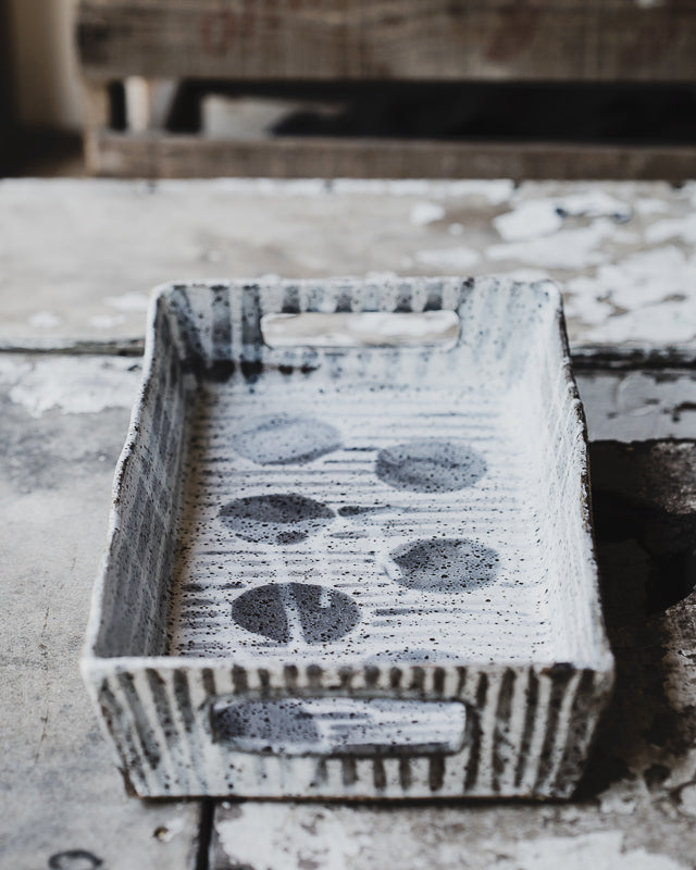 rustic platter ceramic box with side handles rectangular curved shape hand made by clay beehive ceramics