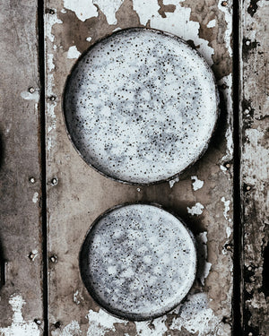 rustic hand made gritty plates with high straight rims and grey and white leopard print by clay beehive ceramics