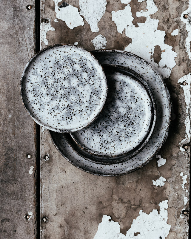 rustic hand made gritty plates with high straight rims and grey and white leopard print by clay beehive ceramics