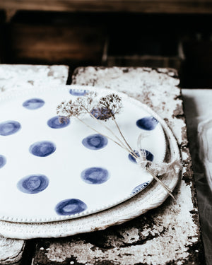 Large handmade platter plate 13 inches navy spot and satin white by clay beehive ceramics