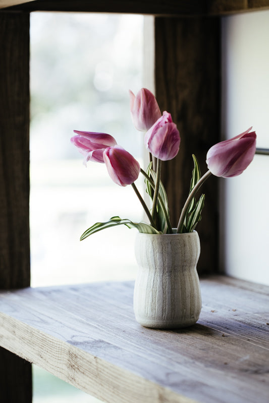 wheelthrown vase in white textural clay handmade by clay beehive ceramics