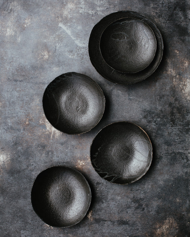 Gritty Black shallow bowls with and without foot