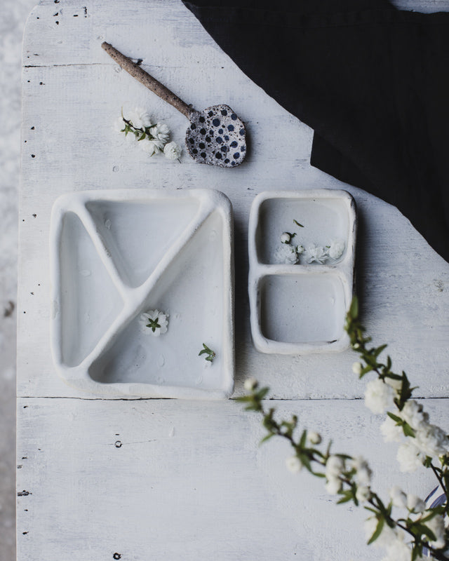 Kurinuki Dishes in satin white over white textural raku