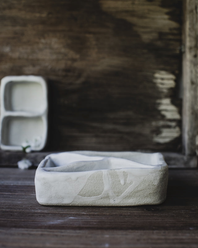 Kurinuki Dishes in satin white over white textural raku