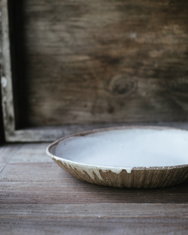Rustic handmade wide bowl with satin white glaze by clay beehive ceramics