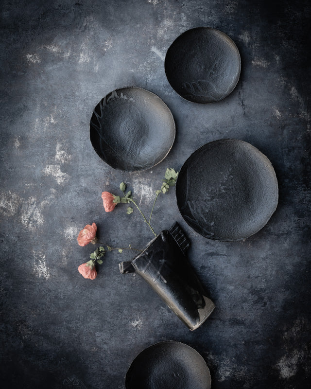 Gritty Black shallow bowls with and without foot