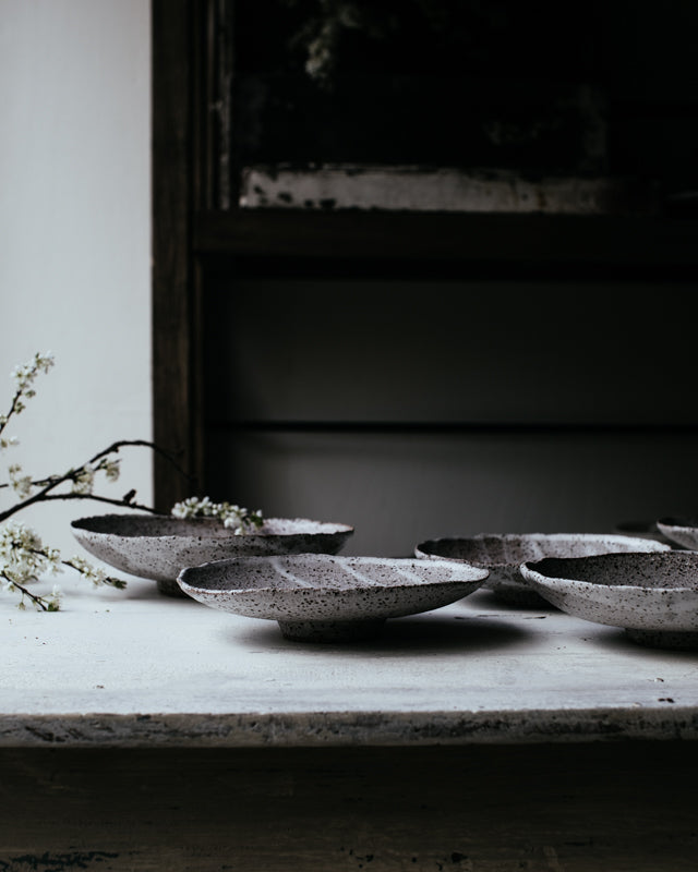 wabi sabi bowls with a lovely little turned foot handbuilt with a rustic gritty clay and white glaze