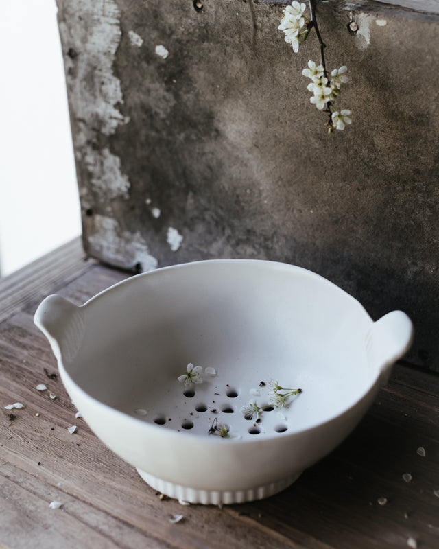 berry bowl / colander glazed in satin white handcrafted by clay beehive ceramics