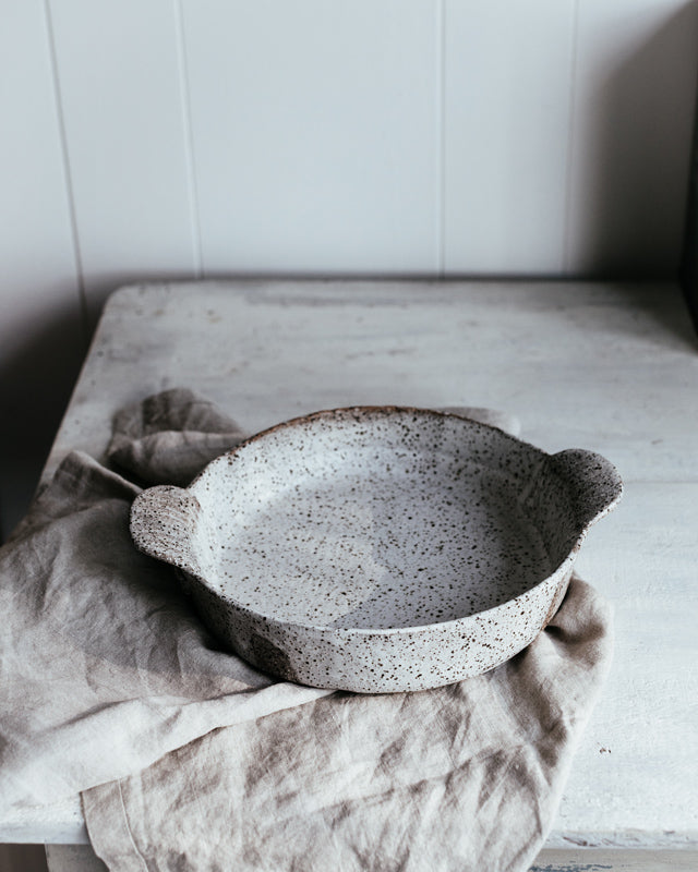 rustic baking dish with handles by clay beehive
