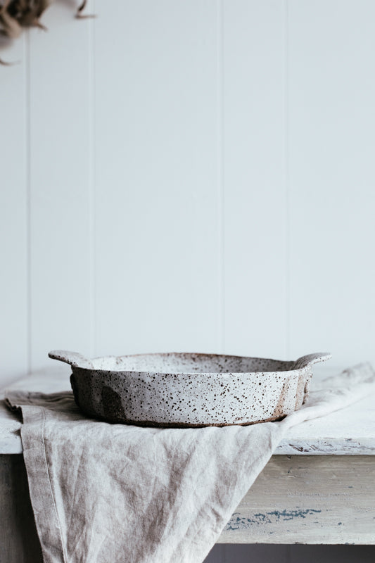 rustic baking dish with handles by clay beehive